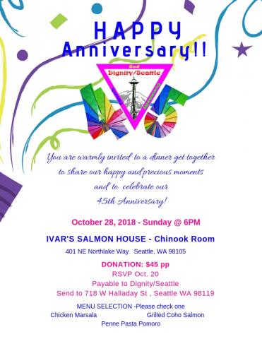 Invitation to Dignity/Seattle's 45 Anniversary Dinner Celebration